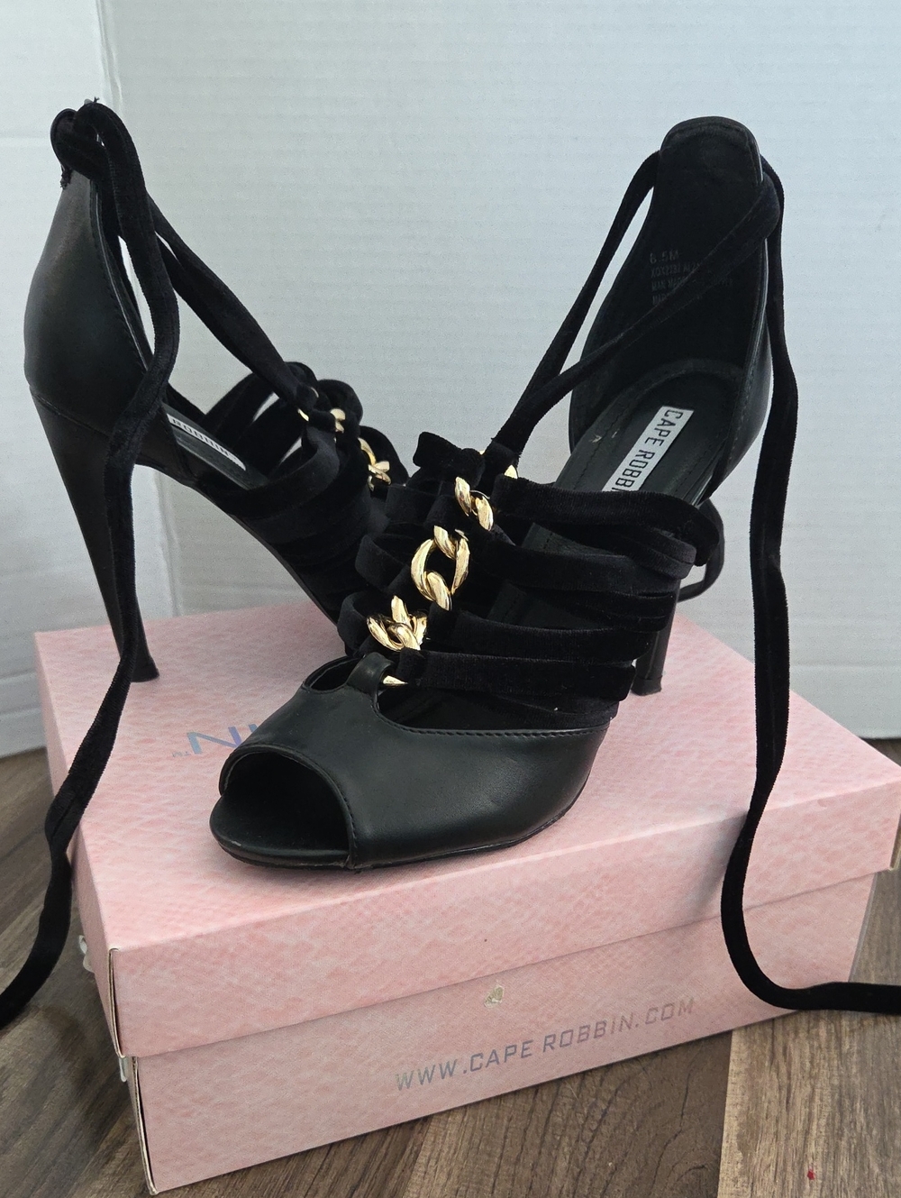 Cape Robbin Alza-83 Black Peep-Toe Heels with Gold Chain Detail